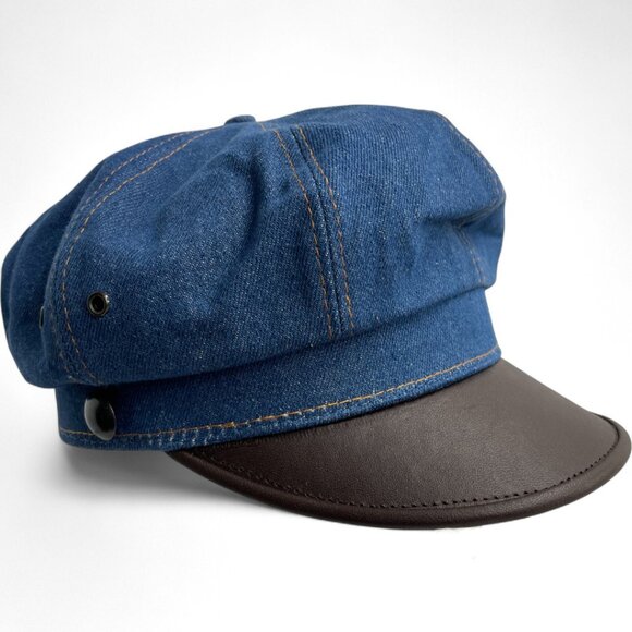 Vintage Denim Jean Leather Fisherman Captain Disco Sterkowski Cap Hat One Size - Picture 1 of 9